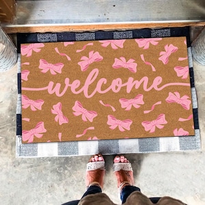 Welcome Pink Bow Doormat, Watercolor Pinky Bow Welcome Doormat, Watercolor Bow Lover Gift, Front Door Mat,Pink Bow Ribbon Minimalist Doormat
