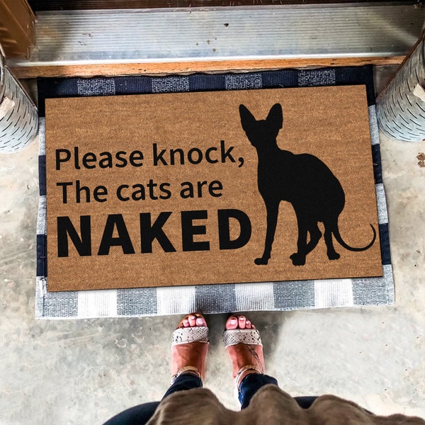 Please Knock the Cats are Naked, Cat Welcome Mat, Aesthetic Sphynx Cat, Canadian Sphynx Cat Doormat, Funny Naked Cat Person Gifts, Funny Mat
