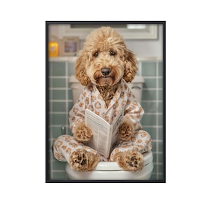 Cockapoo Sitting on Toilet Reading Newspaper, Funny Dog on Loo, Cockapoo Bathroom Wall Art, Funny Dog on Toilet Wall Art Canvas Poster Gifts