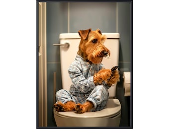 Welsh Terrier Sitting on Toilet on Mobile Phone Sign, Funny Dog on Loo, Dog in Bathroom Wall Art, Dog on Toilet Wall Art Canvas Poster Gifts