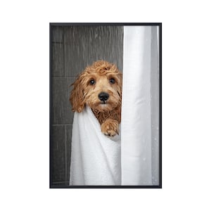 Goldendoodle in Bath, Dog Poster Gifts, Funny Dog Shower in Bath Bathroom Wall Art, Goldendoodle Dog Lover Gifts, Dog Canvas, Dog Lover Gift