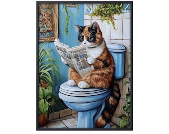 May include: A calico cat sits on a blue toilet bowl reading a newspaper. The cat is wearing a collar and has a tail that wraps around the toilet bowl. The bathroom is tiled in white and has a green plant in the corner.