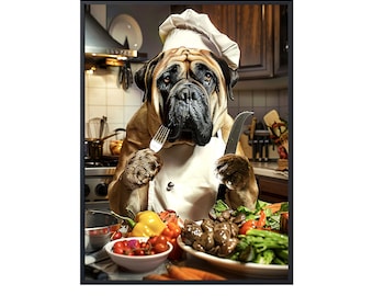 English Mastiff Dog Canvas Dog Poster, English Mastiff Dog Chef Dog Cooking Food, Funny Dog Art for Kitchen Wall Art, Kitchen Decor, Dog Art