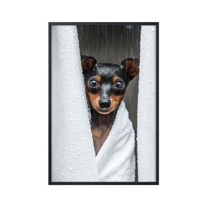 Miniature Pinscher Dog in Bathtub, Shower Dog Bathroom Decor, Mini Pinscher Dog in Bath, Dog Bathroom Wall Art Poster Gifts, Dog Lover Gifts