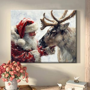 Santa&#39;s Reindeer Companionship Poster Canvas, Santa Canvas Wall Art, Santa And Reindeer Art Print, Santa Christmas Gifts, Santa Wall Art