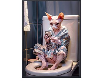 Sphynx Cat Sitting on Toilet on Mobile Phone, Funny Cat on Loo, Sphynx Cat in Bathroom Wall Art, Cat on Toilet Wall Art Canvas Poster Gifts