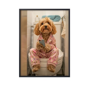 Cockerpoo Sitting on Toilet on Mobile Phone, Funny Dog Picture Animal Bath Bathroom Wall Art, Cockerpoo Dog on Toilet Wall Art Canvas Poster