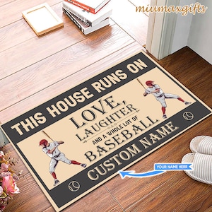 Baseball Doormat, This house Runs On Baseball Mat, Baseball Rug, Perfect Gift For Baseball Players, Home Decor, Baseball Rug