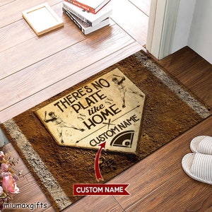 There&#39;s No Plate Like Home Personalized Doormat, Baseball Doormat, Baseball Mat, Baseball Rug Perfect Gift For Baseball Players, Home Decor