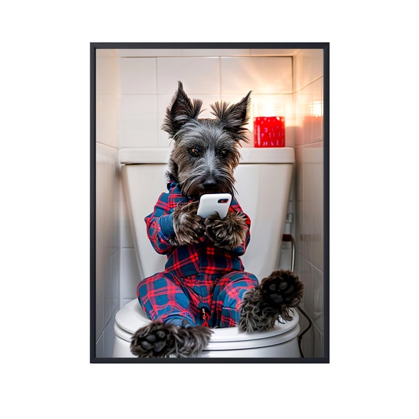Scottish Terrier sitzt auf Toilette am Handy, lustiger Hund auf Loo, Hund im Badezimmer Wandkunst, Hund auf Toilette Wandkunst Leinwand Poster Geschenke