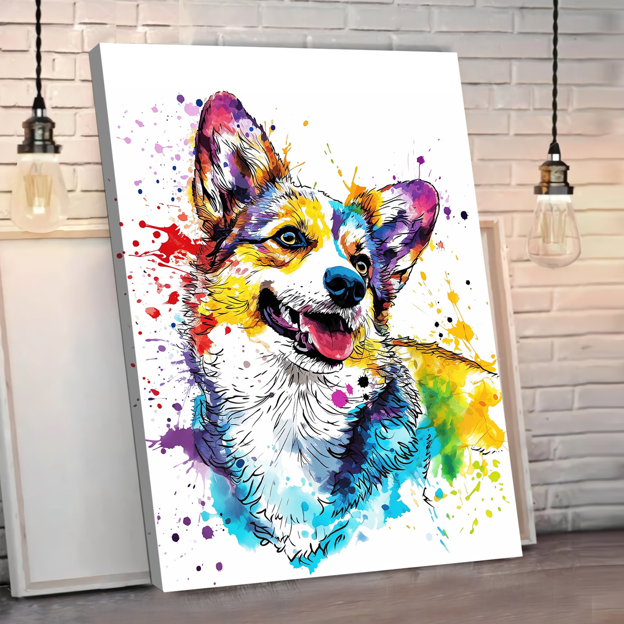 カラフルなコーギーのウォールアート、水彩画の犬のキャンバス、水彩画