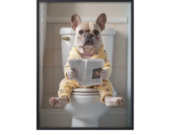 May include: A French bulldog wearing yellow pajamas sits on a white toilet and reads a newspaper.