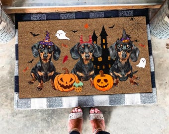 Alfombra de Halloween con diseño de perro salchicha negro, felpudo de la temporada espeluznante, felpudo de Halloween, regalos para amantes de los perros salchicha, felpudo de Halloween con diseño de perro, regalos de decoración de otoño