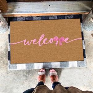 Welcome Pink Bow Doormat, Watercolor Pinky Bow Welcome Doormat, Watercolor Bow Lover Gift, Pink Doormat,Pink Bow Ribbon Minimalist Doormat