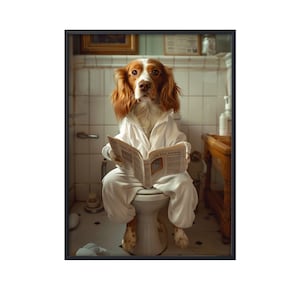 Spaniel bretão sentado no vaso sanitário lendo jornal, imagem engraçada de cachorro, arte de parede de banheiro de animal, pôster de tela de arte de parede de cachorro no vaso sanitário