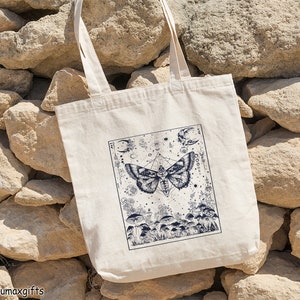 Moon Moth Mushroom Tote Bag, Mushroom Bag, Celestial Moon Moth Tote Bag, Mushroom Tote Bag, Cottagecore Tote Bag, Magic Bag, Canvas Tote Bag