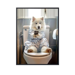 Samoyed Sitting on Toilet on Mobile Phone, Funny Dog Picture Animal Bath Bathroom Wall Art, Samoyed Dog on Toilet Samoyed Canvas Poster Art