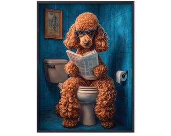 May include: A brown poodle wearing blue glasses sits on a white toilet and reads a newspaper in a blue bathroom.