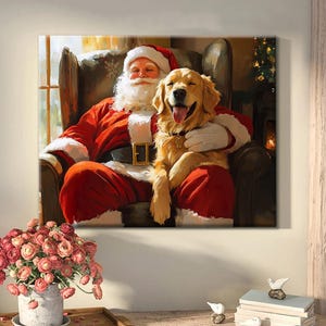 Santa And Golden Retriever Dog Cuddling Poster Canvas, Santa Poster Gift, Santa With Dog Art Print, Santa Christmas Gifts, Dog Lover Gifts