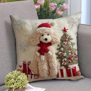 Christmas Standard Poodle Dog Throw Pillow Cover, Poodle Dog With Gifts Pillow, Cute Holiday Decorative Pillow for Xmas Decor