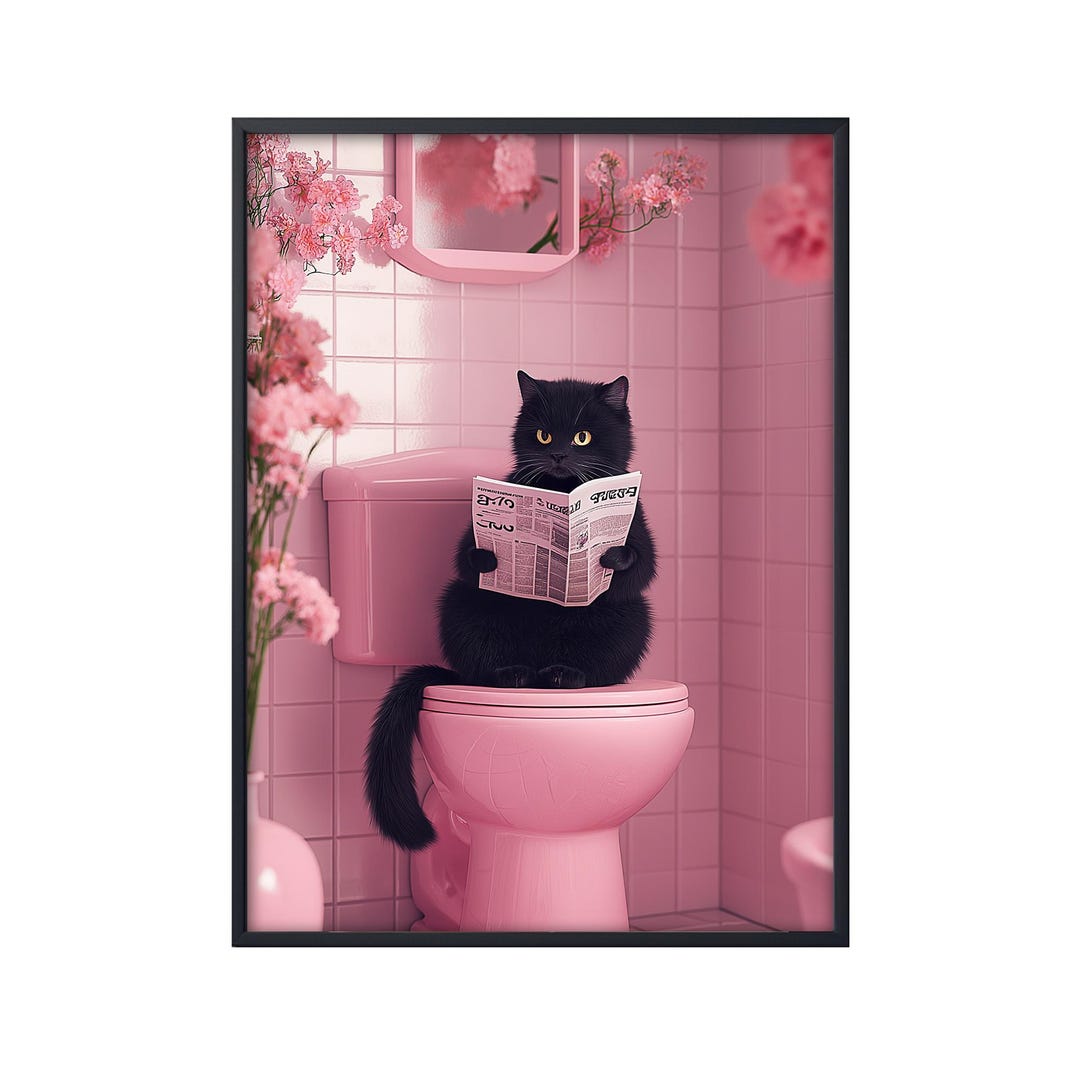 Black Cat Sitting on Toilet Reading Newspaper, Funny Cat on Loo, Black ...