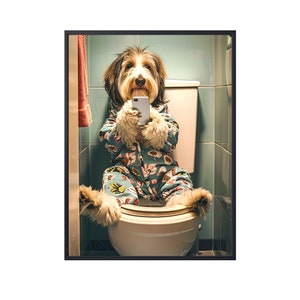 Bearded Collie Sitting on Toilet on Mobile Phone, Funny Dog Picture Animal Bath Bathroom Wall Art Sign, Dog Canvas Art, Dog Poster Art Print