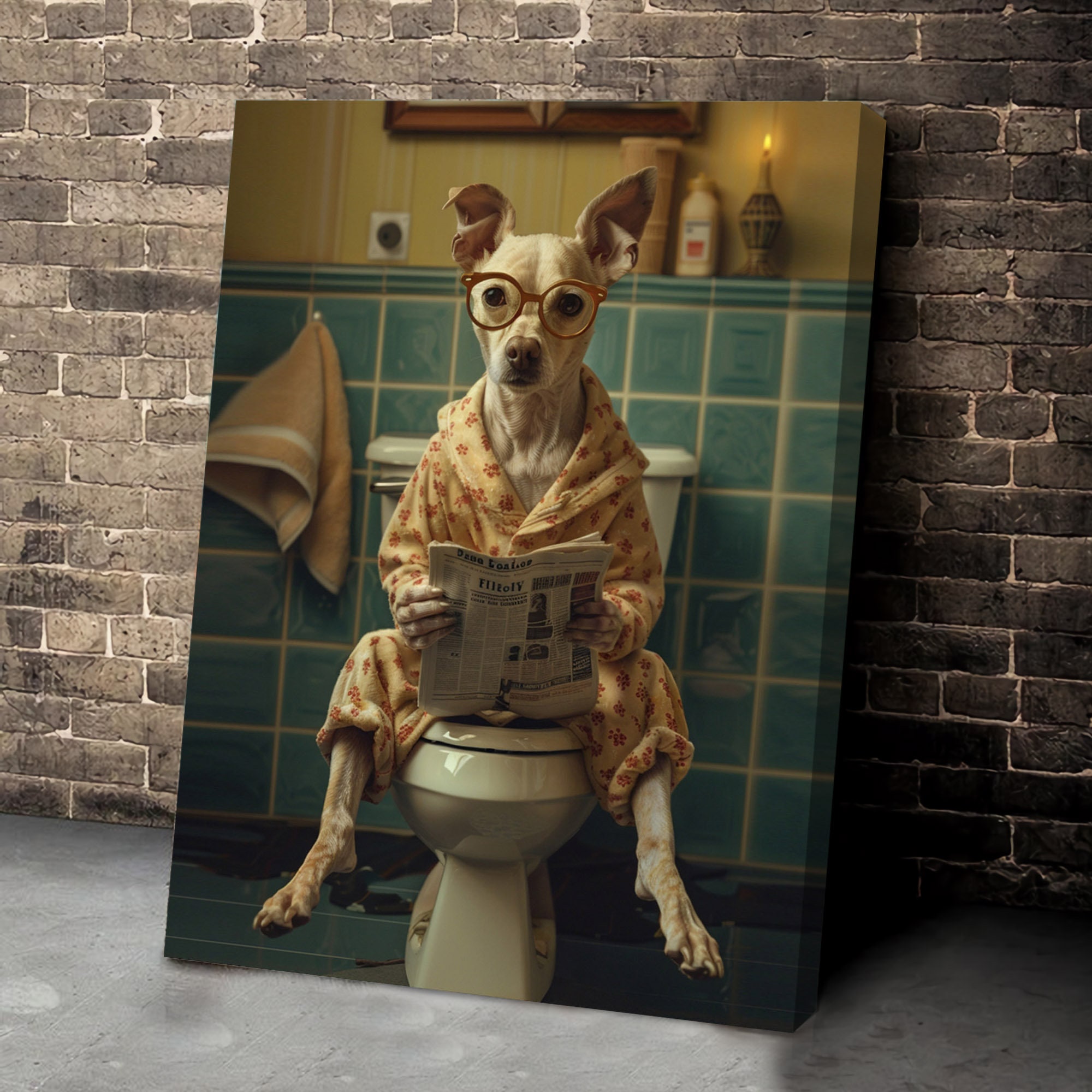 トイレに座って新聞を読んでいるイタリアングレーハウンド、犬の