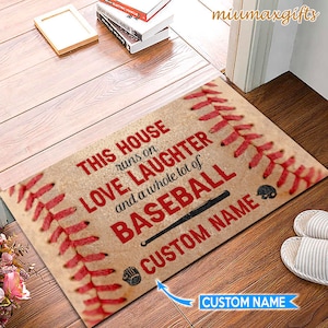 This House Runs On Baseball Personalized Doormat, Baseball Doormat, Baseball Mat, Baseball Rug Perfect Gift For Baseball Players, Home Decor