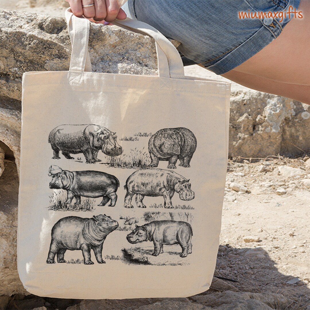 Hippo Canvas Tote Bag, Hippo Totes, Hippo Bag, Design by Miumaxgift