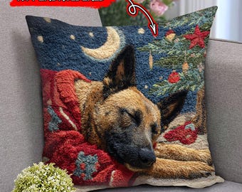 Belgian Malinois Dog Sleeping Under Xmas Tree, Non-Embroidered Throw Pillow (Printed), Cute Festive Decorative Pillow, Gift for Dog Lovers
