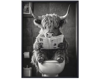 Highland Cow Sitting on Toilet Reading Newspaper, Funny Animal Bath Bathroom Wall Art, Dog on Toilet Wall Art Canvas Poster, Farmhouse Decor