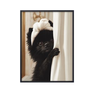 Black Pomeranian in Bath, Shower Dog Bathroom Decor, Pomeranian Dog in Bathroom Wall Art, Dog on Toilet Wall Art Canvas Poster Gifts