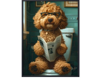 Goldendoodle Sitting on Toilet Reading Newspaper, Funny Dog Picture Animal Bath Bathroom Wall Art, Dog on Toilet Wall Art Canvas Poster Dog