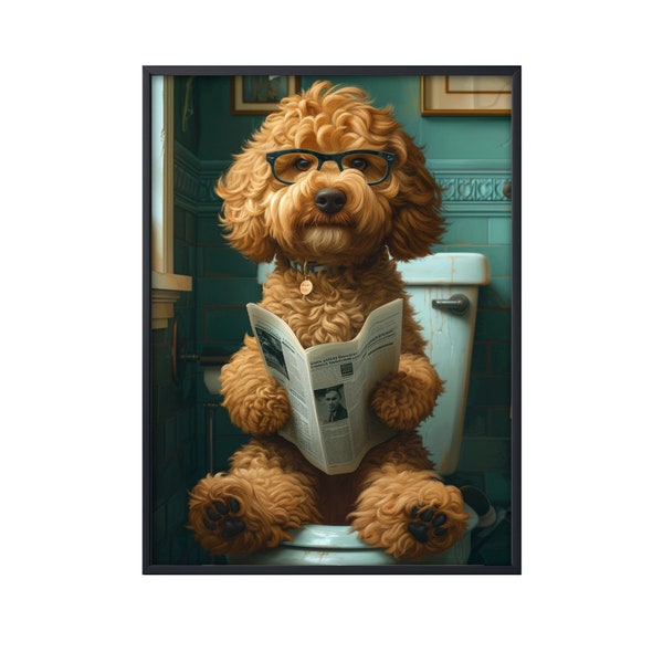 Goldendoodle Sitting on Toilet Reading Newspaper, Funny Dog Picture Animal Bath Bathroom Wall Art, Dog on Toilet Wall Art Canvas Poster Dog