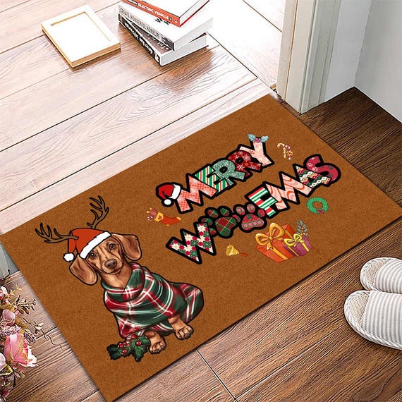 Merry Woofmas Brown Dachshund Mat, Dachshund Doormat Christmas