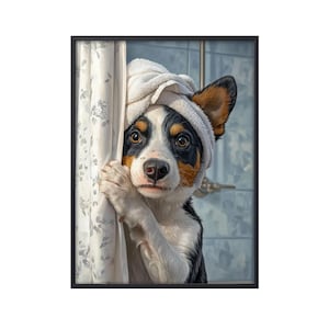 Poster su tela con cane da doccia australiano, regalo, immagine divertente di un cane, decorazione da parete per il bagno, cane nella vasca da bagno