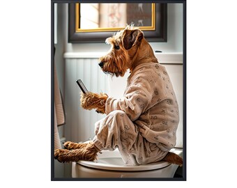 Airedale Terrier Sitting on Toilet on Mobile Phone, Funny Dog Picture Animal Bath Bathroom Wall Art Sign, Dog Canvas Dog Poster Art Print