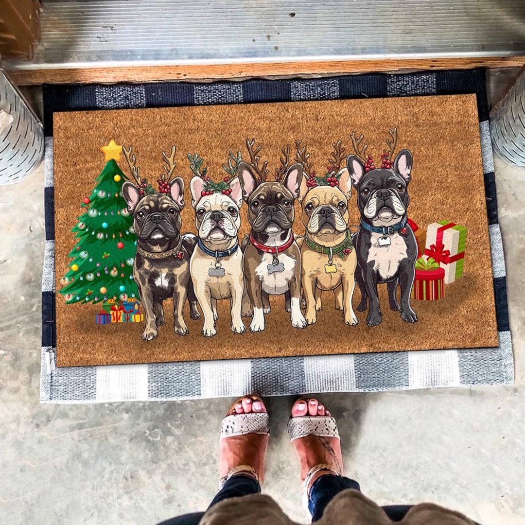 Christmas French Bulldog Mat, Merry Christmas Dog Doormat