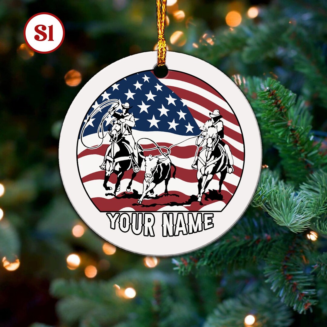 Christmas Live Roping Team Roping Flag Ornament Cowboy Cowgirl Ornament Rodeo Ornament ...