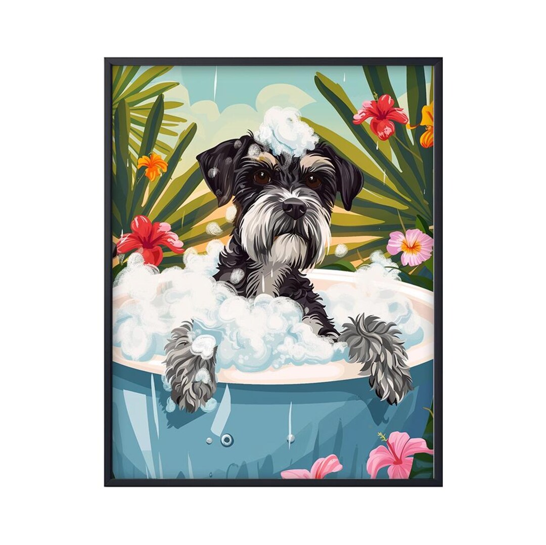 Miniature Schnauzer Dog in Bathtub, Dog in Tropical Botanical Bathroom ...