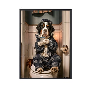 Bernese Mountain Sitting on Toilet on Mobile Phone,Funny Dog Picture Animal Bath Bathroom Wall Art, Dog on Toilet Wall Art Canvas Poster Art