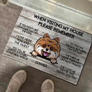 May include: A welcome mat with a woodgrain background and a cartoon image of a brown and white Pomeranian dog peeking over the top. The text on the mat reads "When visiting my house please remember..." and includes a list of rules for visitors, such as "To you I am the dog, but here, I am the baby." and "They love me, they're only friends with you."