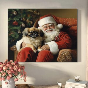 Póster de Papá Noel y un perro pequinés abrazados, póster de Papá Noel, impresión artística de Papá Noel con perro, regalo de Navidad para amantes de los perros