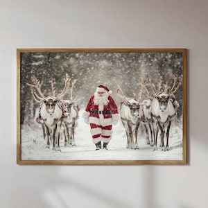 Rustic Santa&#39;s Reindeer Companionship Poster Canvas, Santa Wall Art, Santa And Reindeer Art Print, Santa Christmas Gifts, Santa Wall Art