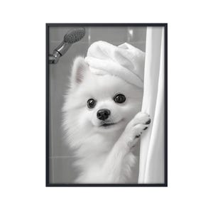 White Pomeranian in Bath, Shower Dog Bathroom Decor, Pomeranian Dog in Bathroom Wall Art, Dog on Toilet Wall Art Canvas Poster Gifts