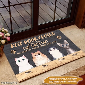 Personalized Cat Doormat, Custom Cat Mat, Cat Mat, Cat Rug, Keep Door Closed Don&#39;t Let Cats Out Doormat, Cat Lover Gift, Housewarming Gift