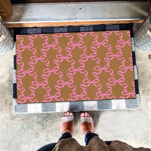 Pink Bow Doormat, Watercolor Pinky Bow Welcome Doormat, Watercolor Bow Lover Gift, Front Door Mat,Pink Bow Ribbon Minimalist Doormat