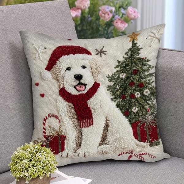 Housse de coussin de Noël Grandes Pyrénées, Chien des Grandes Pyrénées avec oreiller cadeaux, Oreiller décoratif de vacances mignon pour décoration de Noël