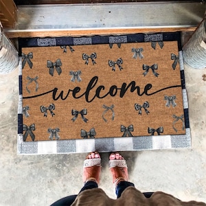 Welcome Black Bow Doormat, Watercolor Black Bow Welcome Doormat, Watercolor Bow Lover Gift, Front Door Mat, Bow Ribbon Minimalist Doormat