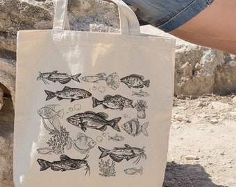 Torba bawełniana z motywem ryby, Torba z motywem ryby, Torba na ryby, Projekt Miumaxgift, Torba z motywem życia oceanicznego, Torba bawełniana, Torba ekologiczna, Torba na zwierzęta